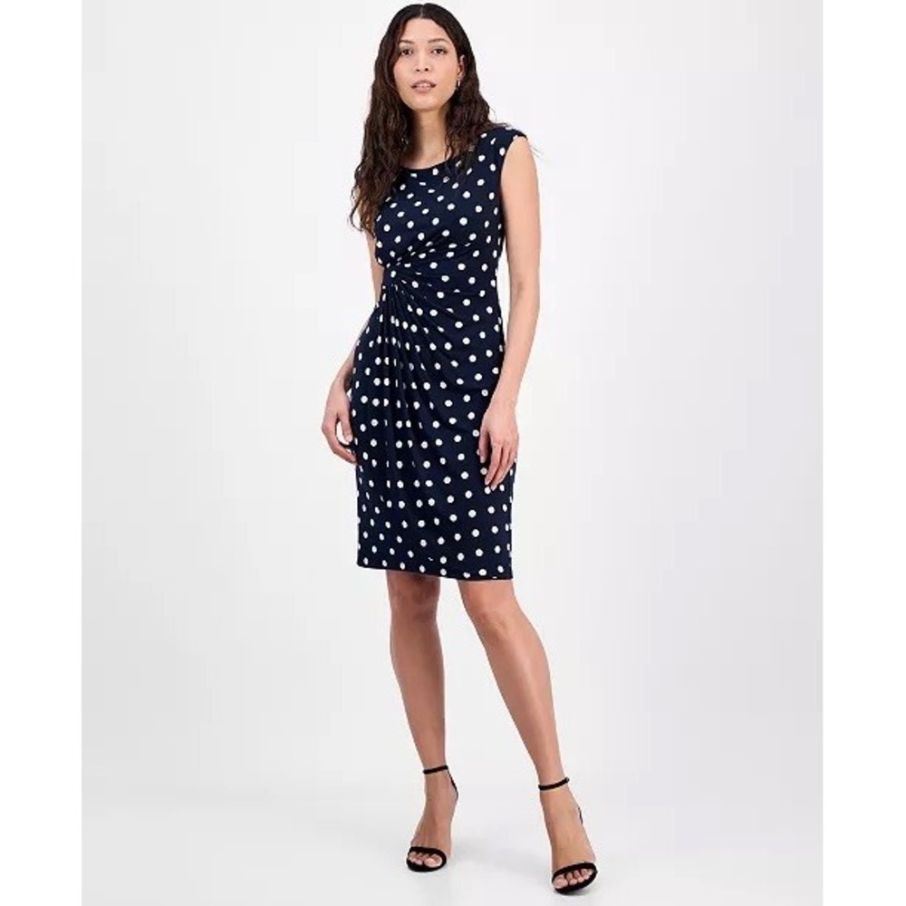 Connected Apparel Sheath Dress Womens 10 Navy Polka Dot Ruched Side